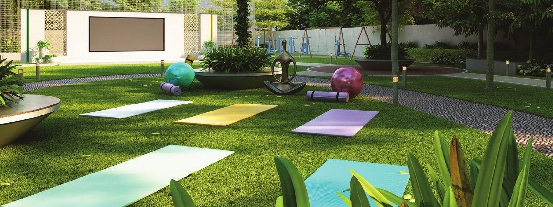 Yoga lawn with meditation deck and outdoor projector wall